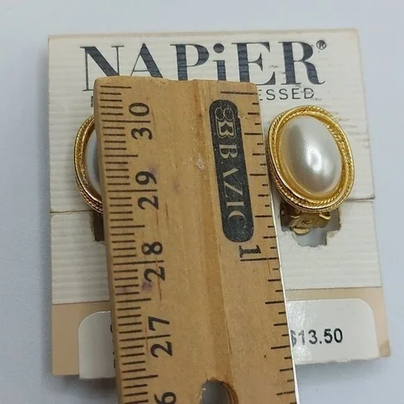 Unsigned Napier Gold Tone Faux Pearl Cabochon Earrings - Picture 3 of 3